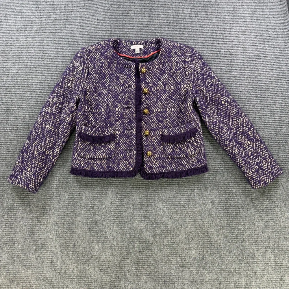 J.Crew Purple‎ Diamond Tweed Jacket Womens 6 Gold Button Fringe Trim Wool Blend - Picture 2 of 13